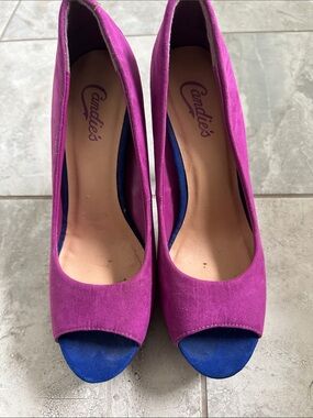 Candie's Magenta Suede Peep-Toe Pumps with Blue Toe Accent